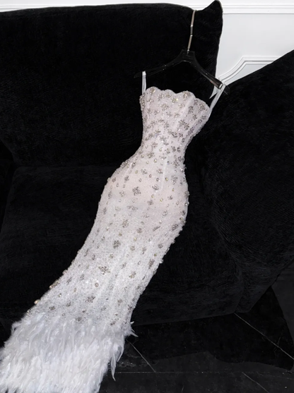 Gorgeous Sheath Strapless Rhinestone White Tulle Prom Dress Evening Dress DP2780