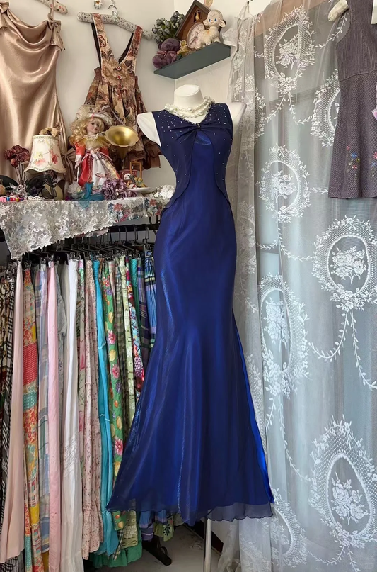Vintage Navy Blue Mermaid Beaded Chiffon Satin Prom Dress Evening Dress DP5235