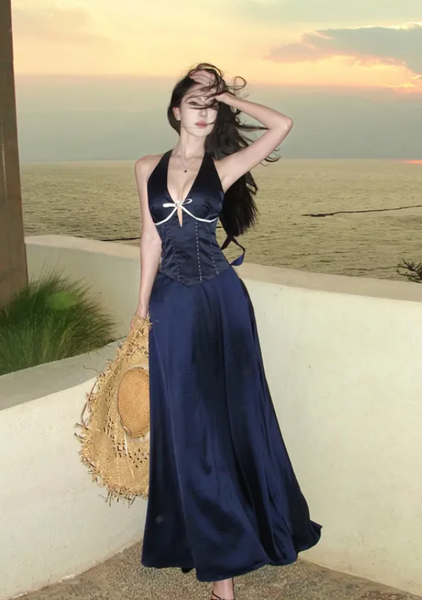 Navy Blue Elegant A Line V Neck Satin Backless Prom Dress Evening Prom Dress DP4894