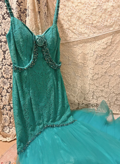 Vintage Mermaid Spaghetti Strap Beaded Blue Lace Tulle Prom Dress Wedding Guest Dress DP4278