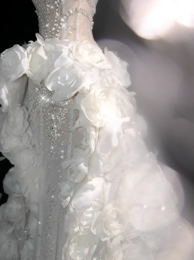 White Flower Exquisite Mermaid Rhinestone Tulle Strapless Prom Dress Evening Dress Party DressDP3100
