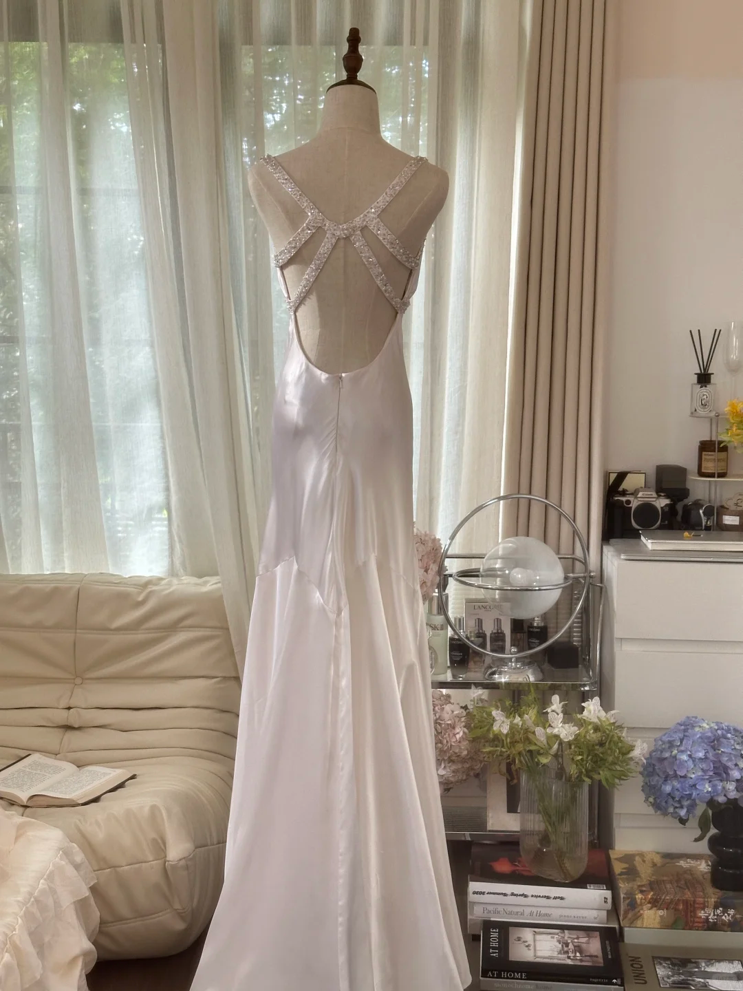 Classy Mermaid V Neck Beaded White Satin Long Open Back Party Dress Evening Dress DP2474