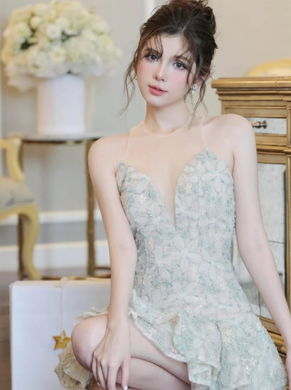 Light Green A Line Round Neck Floral Tulle Short Homecoming Dress Cocktail Dress DP3950