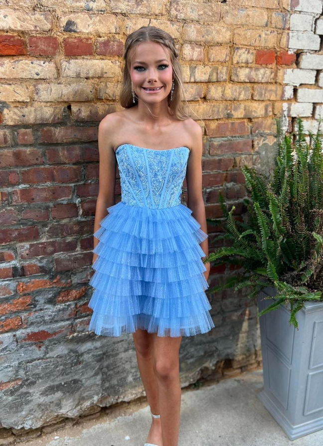 Cute Blue A Line Strapless Beaded Layered Tulle Short Prom Dress Homecoming Dress DP6317