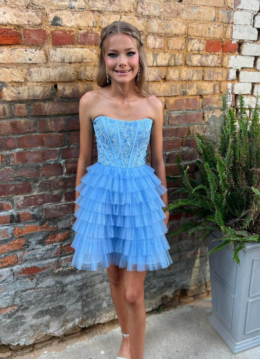 Cute Blue A Line Strapless Beaded Layered Tulle Short Prom Dress Homecoming Dress DP6317