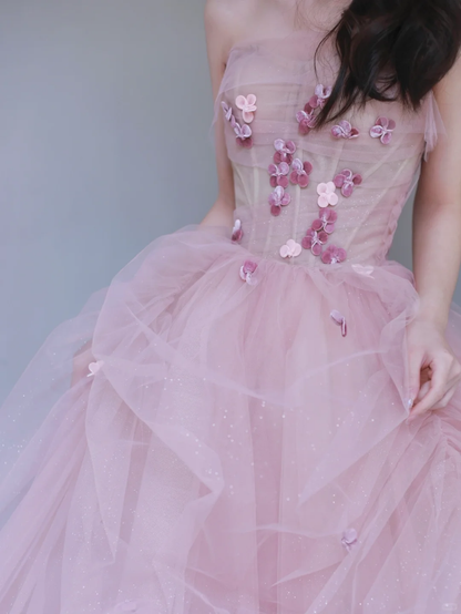 Elegant A Line Strapless Pink Flower Tulle Long Party Dress Evening Dress DP2549