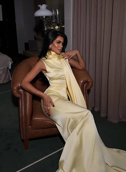 High-class Yellow Mermaid Satin Long Prom Dress Evening Dress DP8176