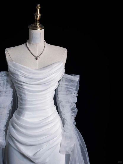 Simple A Line Long Sleeve Pleated Tulle Satin Prom Dress Wedding Dress DP3604