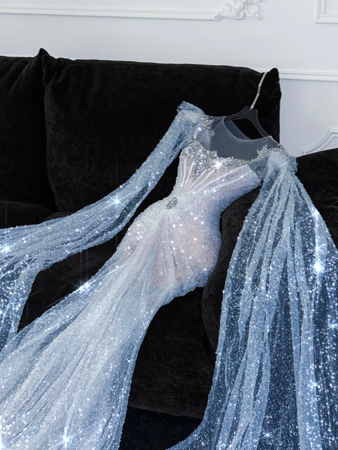 Stunning Mermaid Long Sleeve Rhinestone Sequin Tulle Long Prom Dress Wedding Dress DP2576