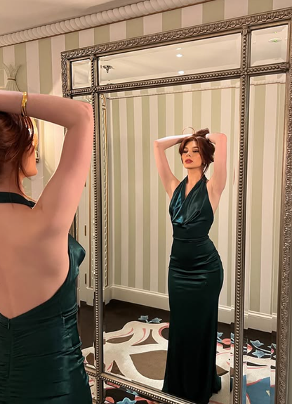 Elegant Green Mermaid Halter Satin Open Back Long Prom Dress Evening Dress DP4312