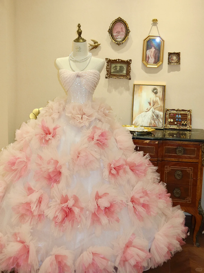 Pink A Line Sweetheart Neck Sequin Flower Tulle Prom Dress Evening Dress DP2812