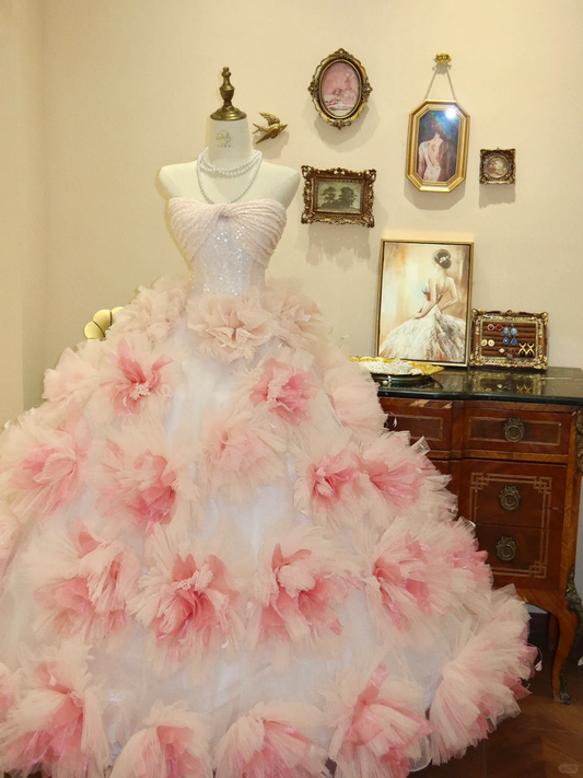 Pink A Line Sweetheart Neck Sequin Flower Tulle Prom Dress Evening Dress DP2812