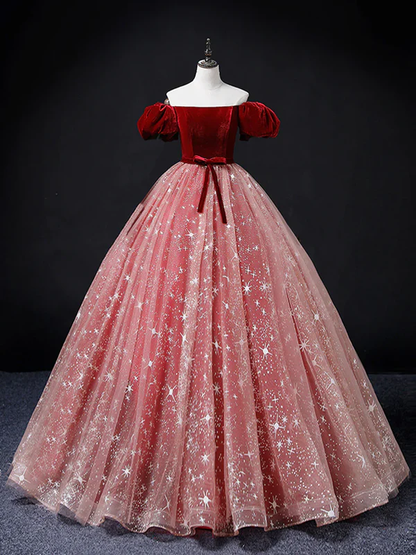 Burgundy Tulle Velvet Off The Shoulder Long Prom Dress Ball Gown DP590