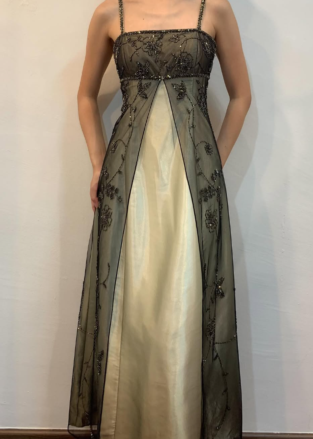 Vintage A Line Spaghetti Straps Appliques Beaded Satin Tulle Prom Dress Evening Dress DP1382