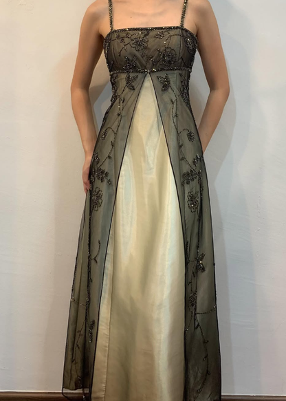 Vintage A Line Spaghetti Straps Appliques Beaded Satin Tulle Prom Dress Evening Dress DP1382