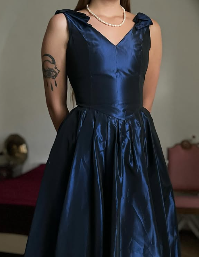 Vintage Navy Blue A Line V Neck Satin Prom Dress Evening Dress Date Dress DP5701