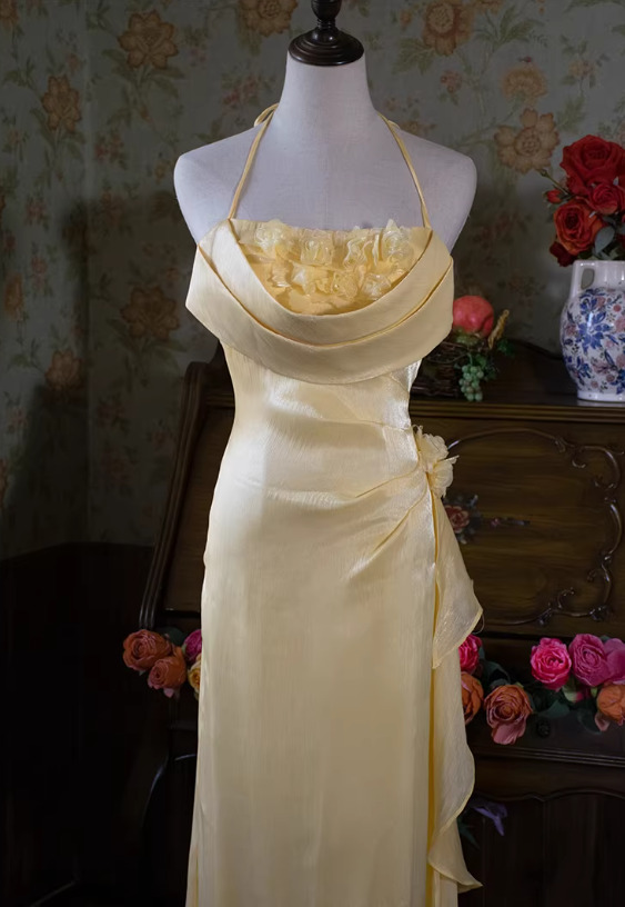 Pretty Yellow Mermaid Halter Floral Satin Long Prom Dress Outfits DP4697