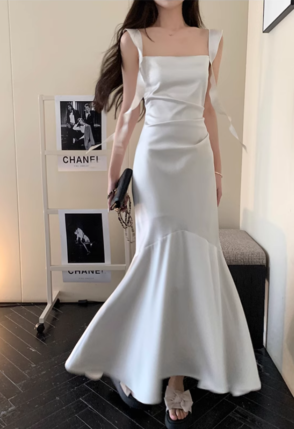 Elegant White Mermaid Straps Satin Prom Dress Formal Dress Evening Dress DP3451