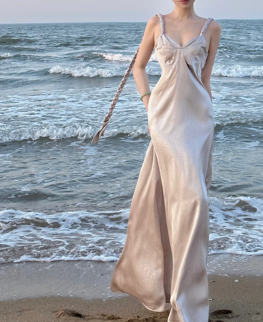 Almond Whip A Line Strap Satin Prom Dress Formal Dress Party Dress DP3443