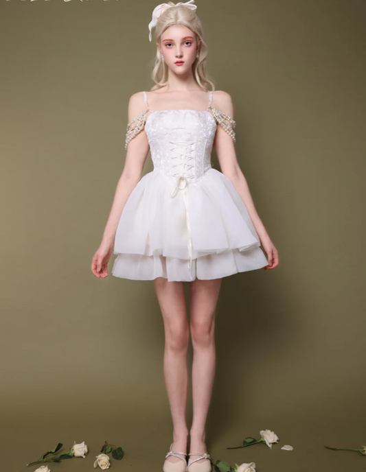 Fairy A Line Straps White Pearl Organza Satin Short Homecoming Dress Cocktail Dress DP2635