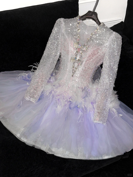 Gorgeous A Line Long Sleeve Beaded Purple Tulle Short Homecoming Dress Cocktail Dress DP2665