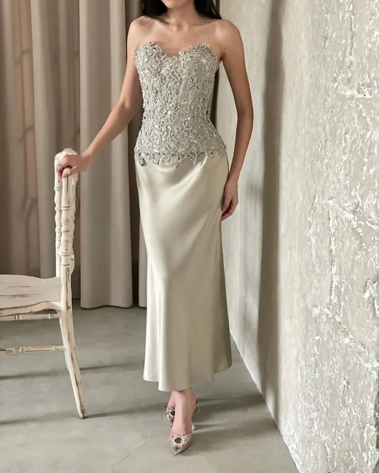 Gentle Sheath Sweetheart Neck Lace Beaded Satin Prom Dress DP4588