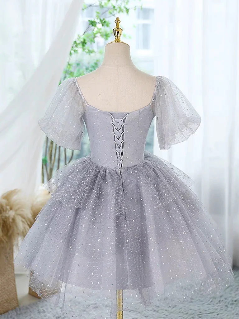 Beautiful A-line Tulle Lace Short Prom Dress Gray Homecoming Dress DP370