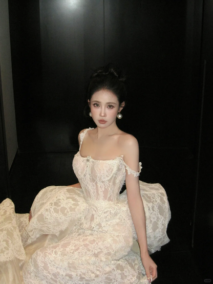 Elegant Mermaid Spaghetti Strap White Lace Prom Dress Party Dress DP2512