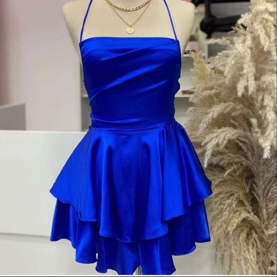 Vintage Halter Royal Blue Birthday Outfits Satin Homecoming Dress DP543