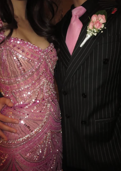 Glamorous Sheath Straps Shiny Beaded Pink Tulle Long Prom Dress Evening Dress DP6021