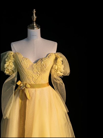 Cute A Line Off the Shoulder Yellow Appliques Tulle Long Prom Dress Graduation Prom Dress DP2146