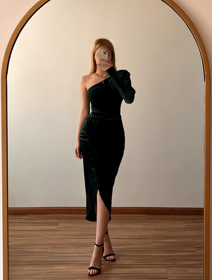 Emerlad Sheath One Sleeve Velvet Prom Dress Evening Dress DP6497