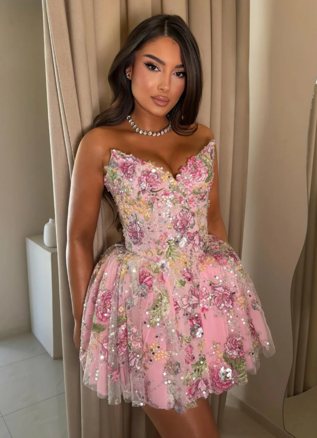 Sweety Pink A Line Strapless Floral Sequin Tulle Short Prom Dress Homecoming Dress DP6950