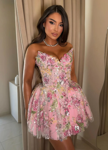 Sweety Pink A Line Strapless Floral Sequin Tulle Short Prom Dress Homecoming Dress DP6950