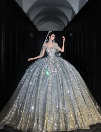 Shiny Ball Gown Off the Shoulder Beaded Silver Sequin Long Prom Dress Wedding Dress DP4644