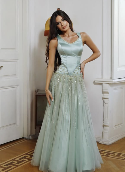 Unique Green A Line V Neck Beaded Satin Long Prom Dress Evening Dress DP6059