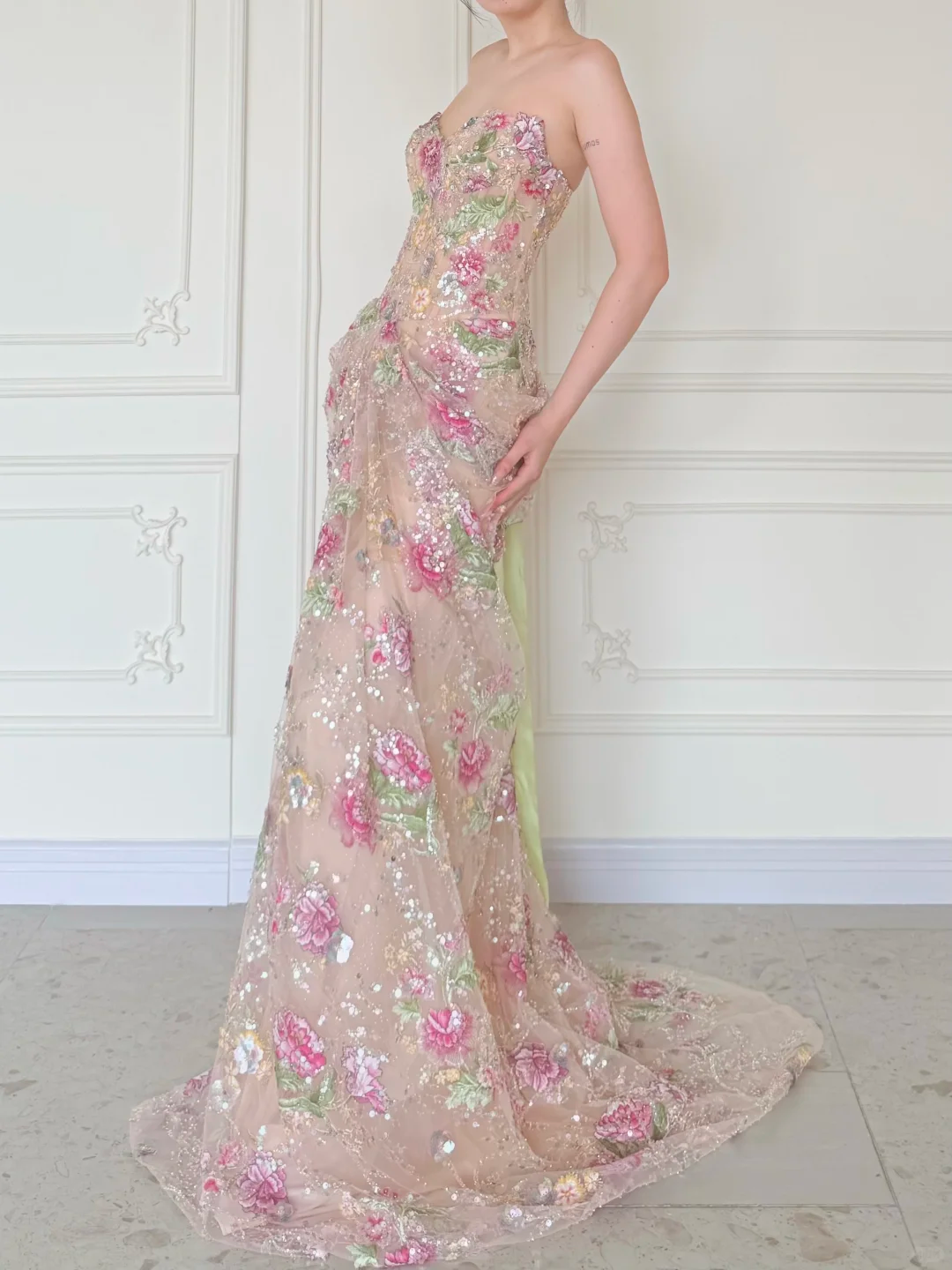 Luxurious Mermaid Strapless Floral Sequin Tulle Long Prom Dress Evening Dress DP5473
