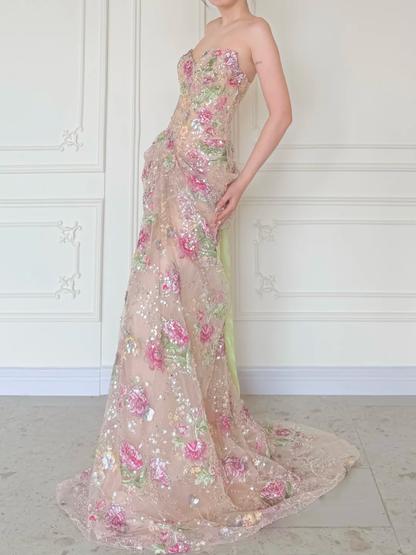 Luxurious Mermaid Strapless Floral Sequin Tulle Long Prom Dress Evening Dress DP5473