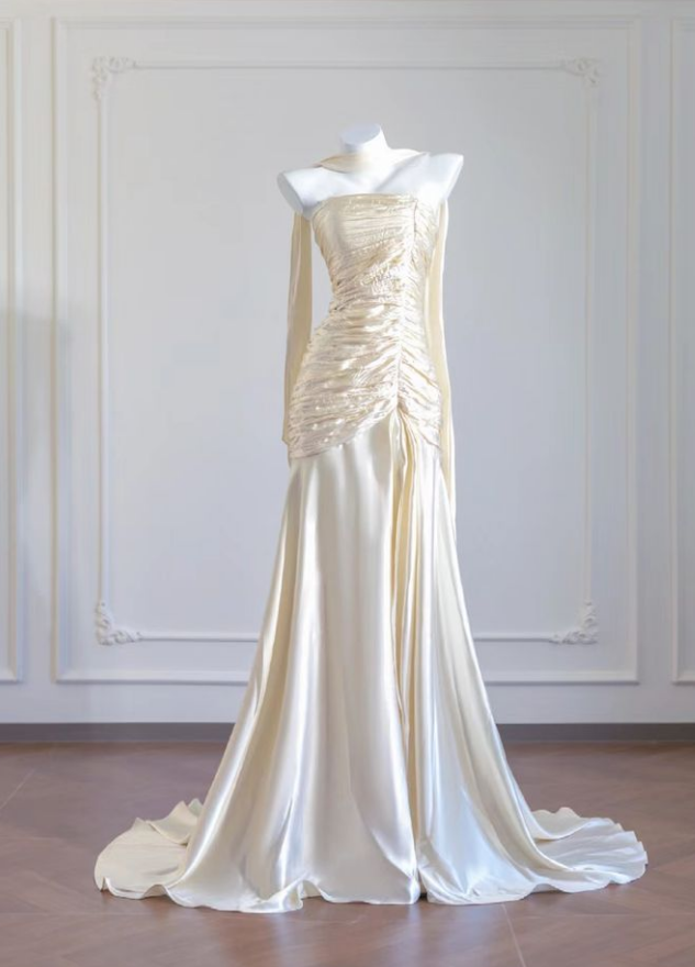 Ivory Mermaid Strapless Pleated Beaded Satin Long Prom Dresses DP4174