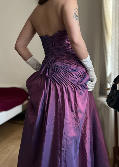 Vintage A Line Strapless Pleated Purple Satin Prom Dress Evening Dress DP5721