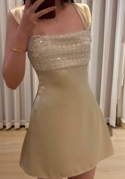Champagne A Line Straps Exquisite Beaded Satin Short Prom Dress Homecoming Dress DP7927