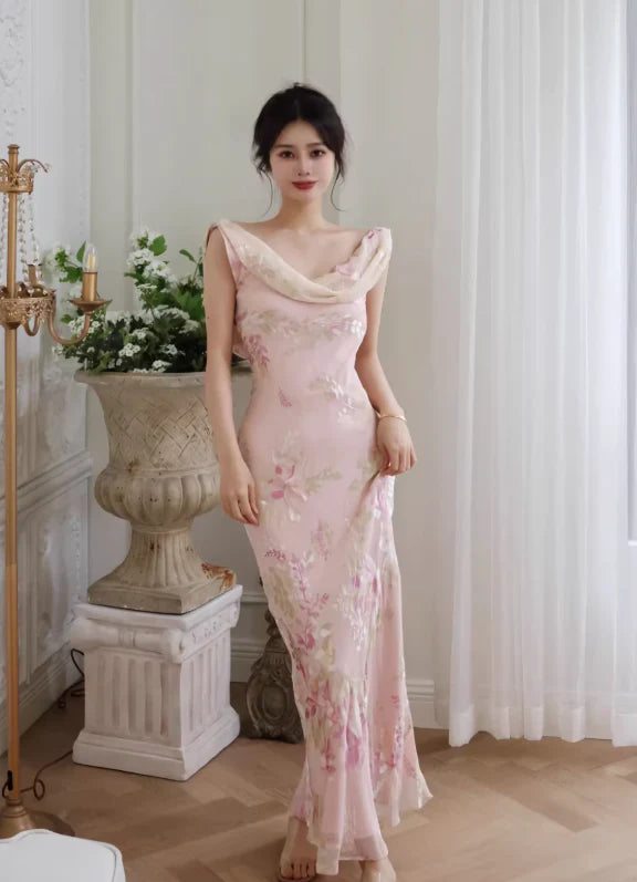 Gentle Retro Mermaid Straps Print Floral Purple Satin Prom Dress Formal Dress DP3511