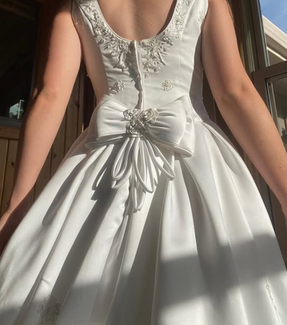 Retro A Line Square Neck Appliques Floral Satin Wedding Dress Prom Dress DP5525