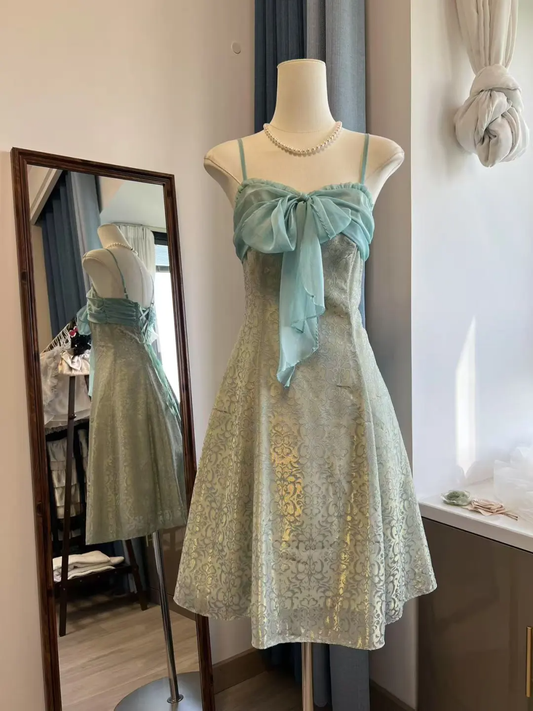 Unique A Line Spaghetti Strap Green Print Flower Chiffon Short Homecoming Dress Cocktail Dress with Bow DP2483