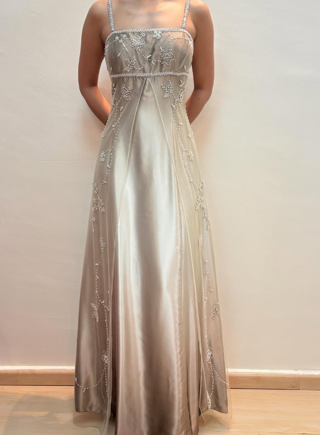 Vintage A Line Spaghetti Strap Beaded Chiffon Satin Long Prom Dress Evening Dress DP1682