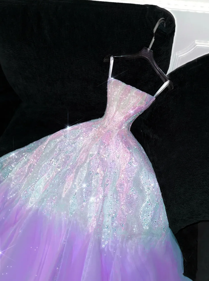 Dreamy Purple Ombre A Line Strapless Beaded Tulle Prom Dress Birthday Dress Party Dress DP3088