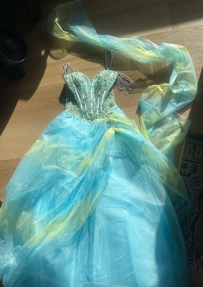 Vintage Summer Green Blue Ombre Appliques Tulle Prom Dress Evening Dress DP5643