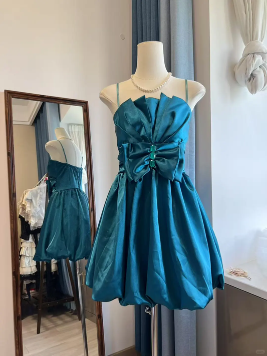 Vintage A Line Spaghetti Strap Blue Satin Short Homecoming Dress Cocktail Dress with Bow DP2482