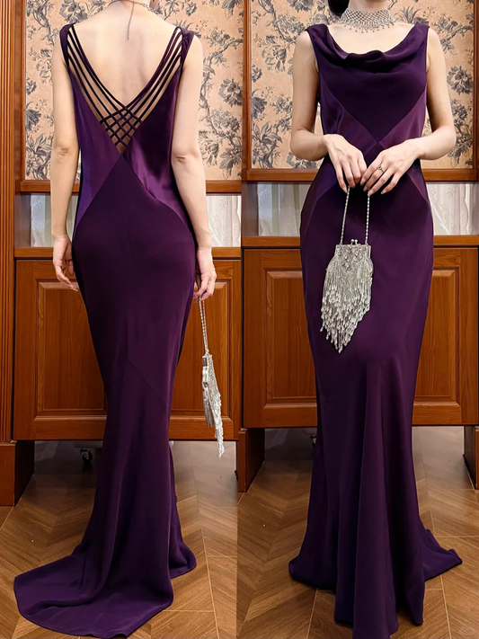 Vintage Elegant Sheath V Neck Dark Purple Velvet Satin Prom Dress Evening Dress DP5413