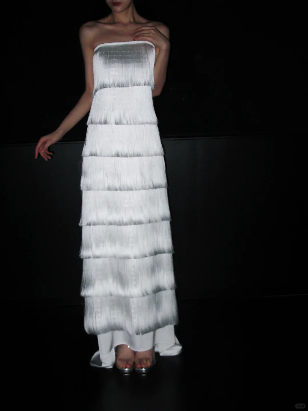 Flowy A Line Strapless Layered Tassel White Satin Long Wedding Dress DP5795